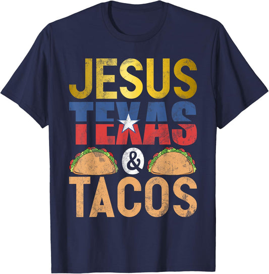 Jesus Texas & Tacos State Flag Longhorn Texas Symbols Texans T-Shirt - T-Shirt | Navy