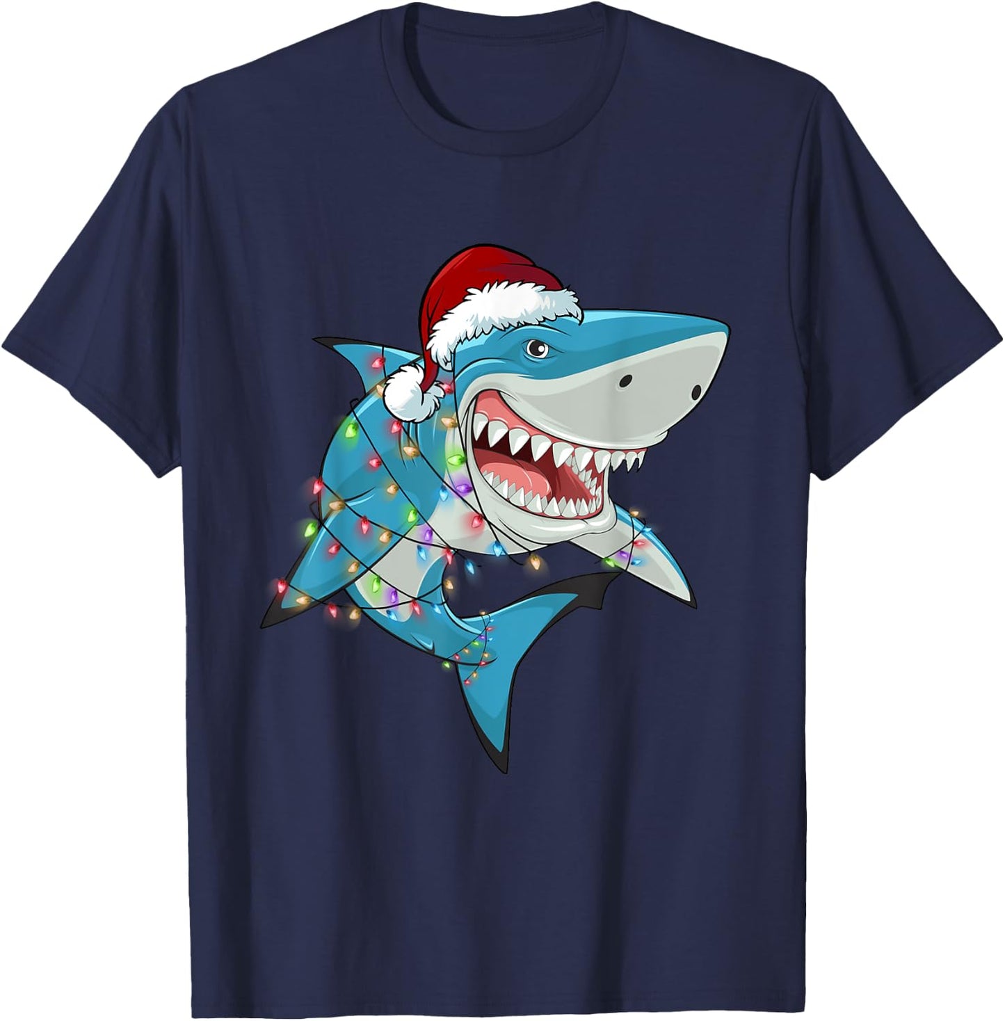 Shark Christmas Tree Lights Santa Hat Xmas Gifts Boys Kids T-Shirt - T-Shirt | Navy