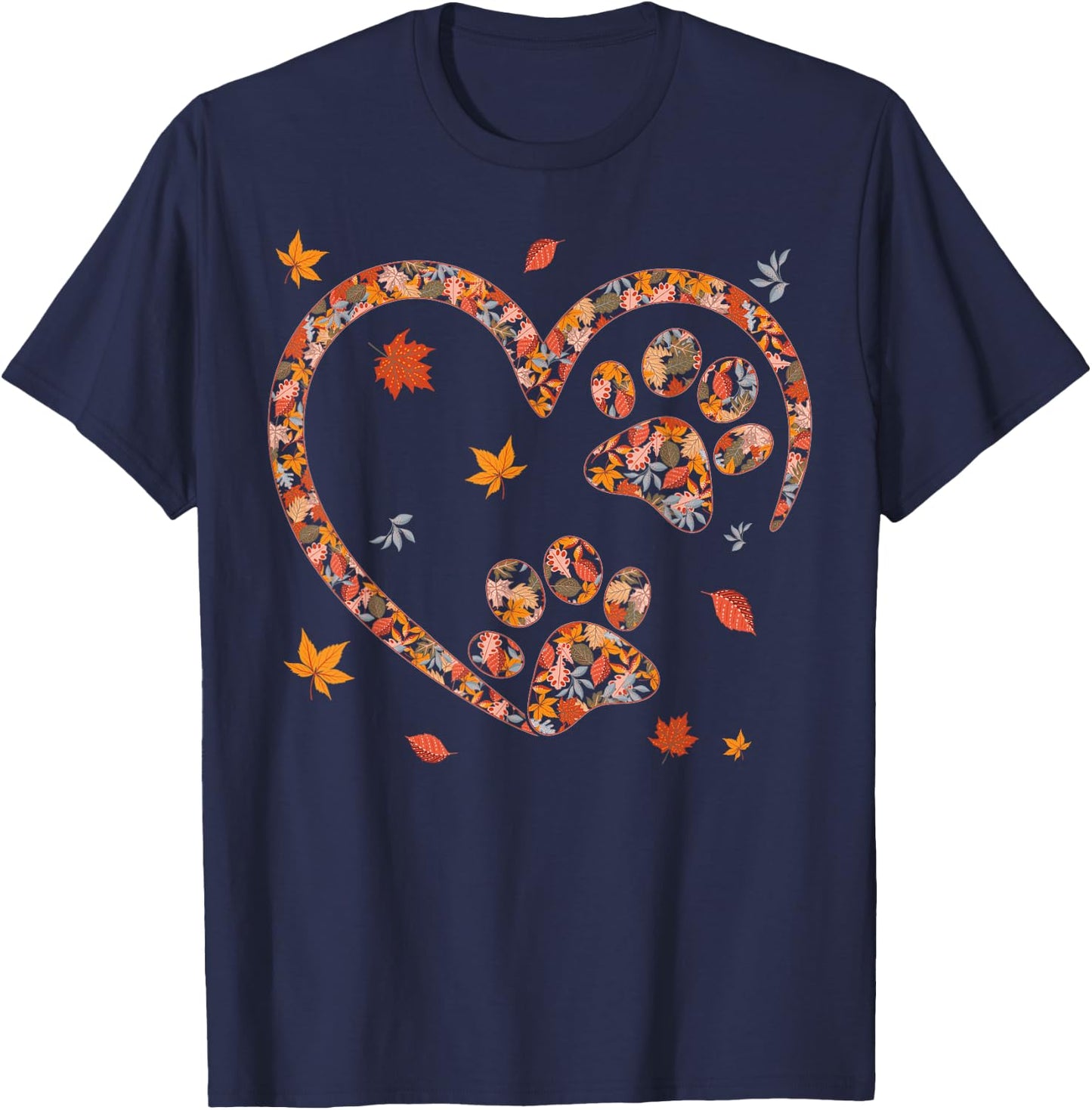 Funny Fall Leaf Cat Dog Print Autumn Vibes Thanksgiving Day Women Girls Kids T-Shirt - T-Shirt | Navy