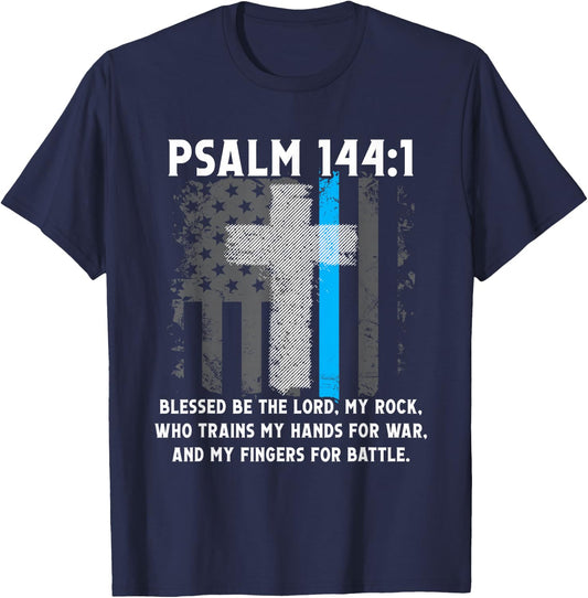 Thin Lines Blue Psalm 144:1 American Police Officer T-Shirt - T-Shirt | Navy