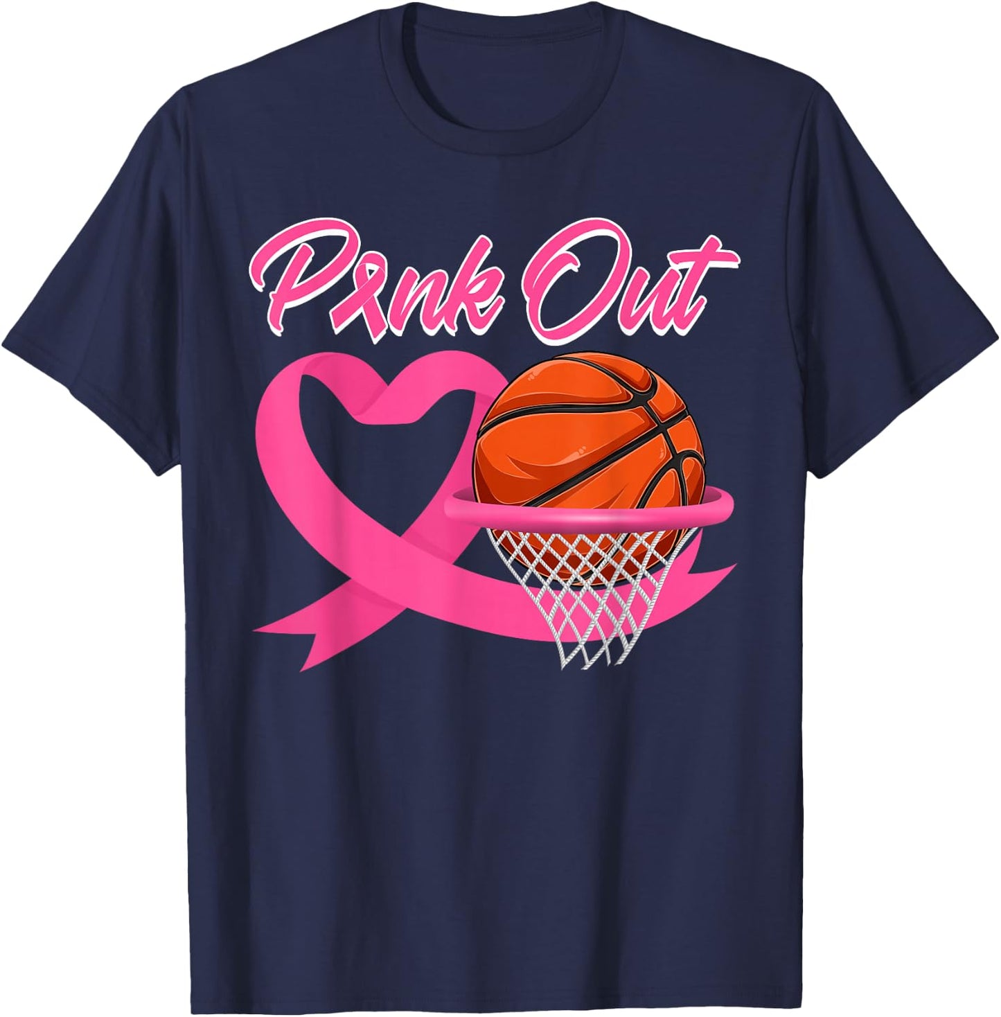 Pink Out Breast Cancer Pink Ribbon Heart & Basketball Ball T-Shirt - T-Shirt | Navy