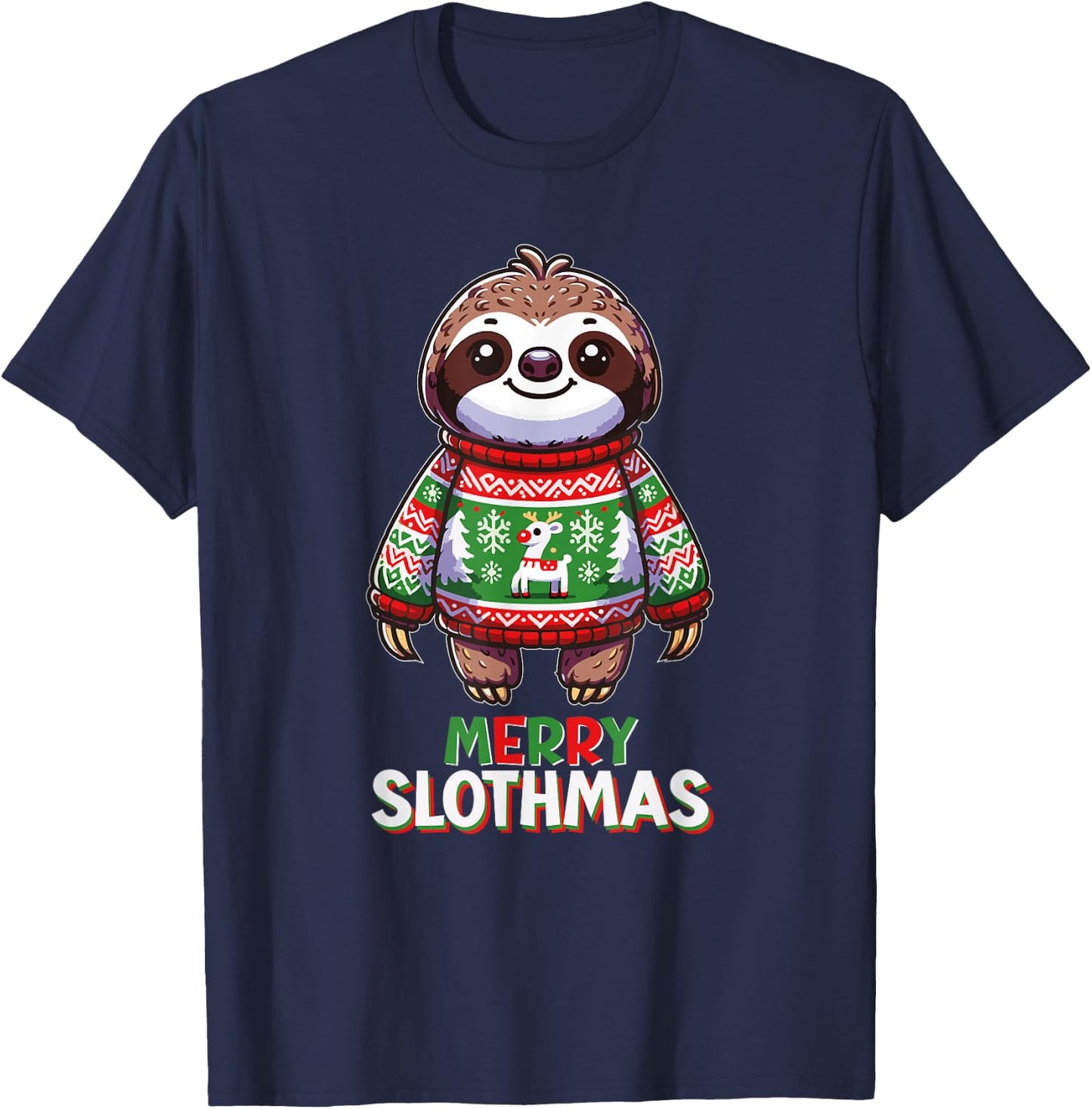 Merry Slothmas Santa Christmas Sloth Sweater Xmas Holiday T-Shirt - T-Shirt | Navy