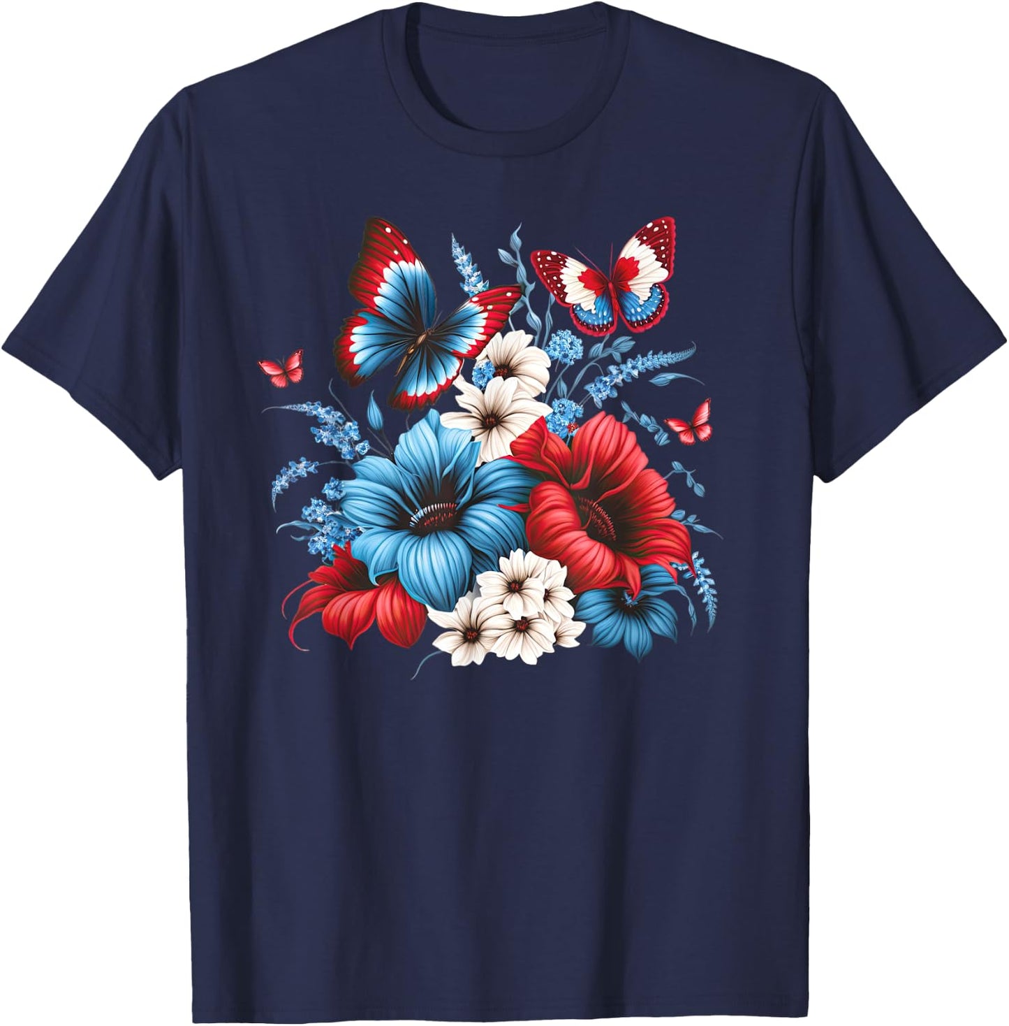 Butterfly Flowers - Red White and Blue 4th of July Patriotic T-Shirt - T-Shirt | Navy