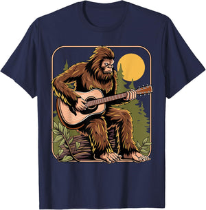 Retro Bigfoot Sasquatch Playing Acoustic Guitar Guitarist T-Shirt - T-Shirt | Navy