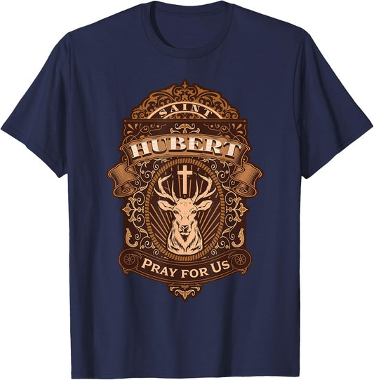 Hubert Hubertus Patron Saint of Hunters Stag Catholic Saint T-Shirt - T-Shirt | Navy