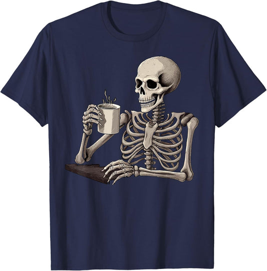 Skeleton Drinking Tea Coffee Halloween Skeleton Skull T-Shirt - T-Shirt | Navy