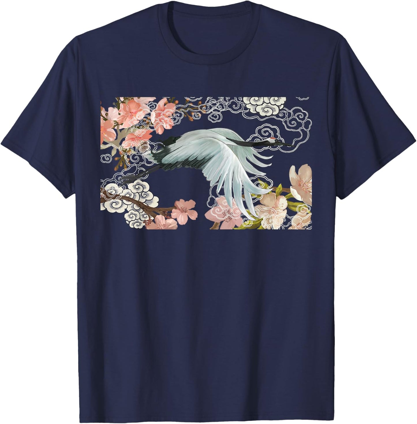 flying white Sandhill Crane Bird Japanese style art Lover T-Shirt - T-Shirt | Navy