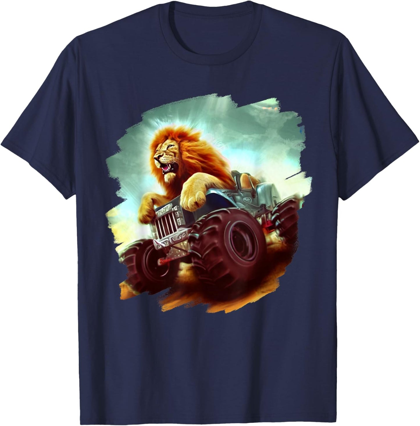 Lion Riding Monster Truck Cool Lion Monster Truck T-Shirt - T-Shirt | Navy