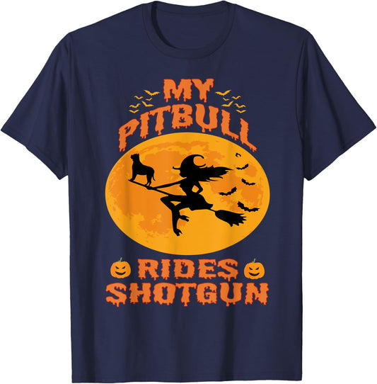 My Pitbull Rides Shotgun Halloween Funny Witches Pumpkin T-Shirt - T-Shirt | Navy