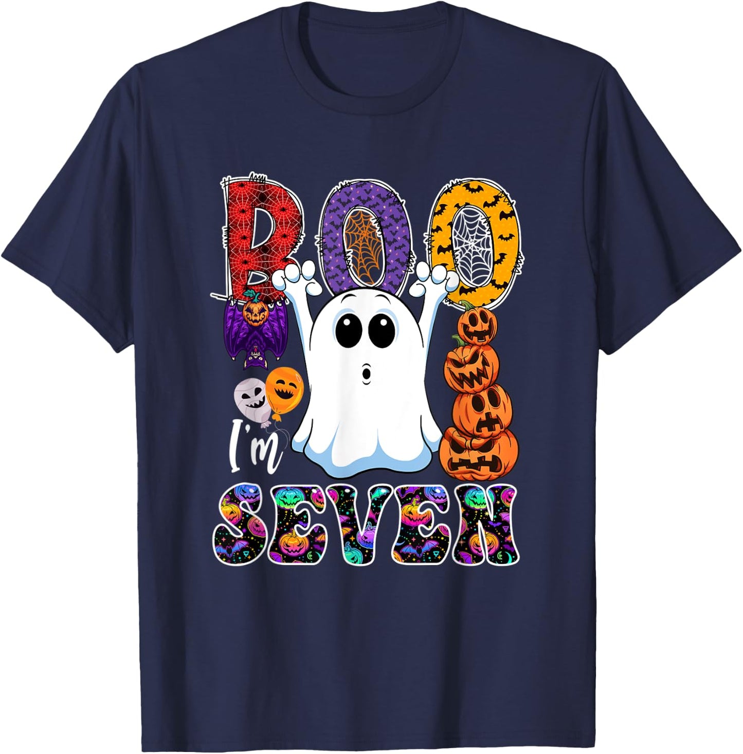 Boo I'm Seven Cute Boo Ghost Halloween 7th Birthday Family T-Shirt - T-Shirt | Navy
