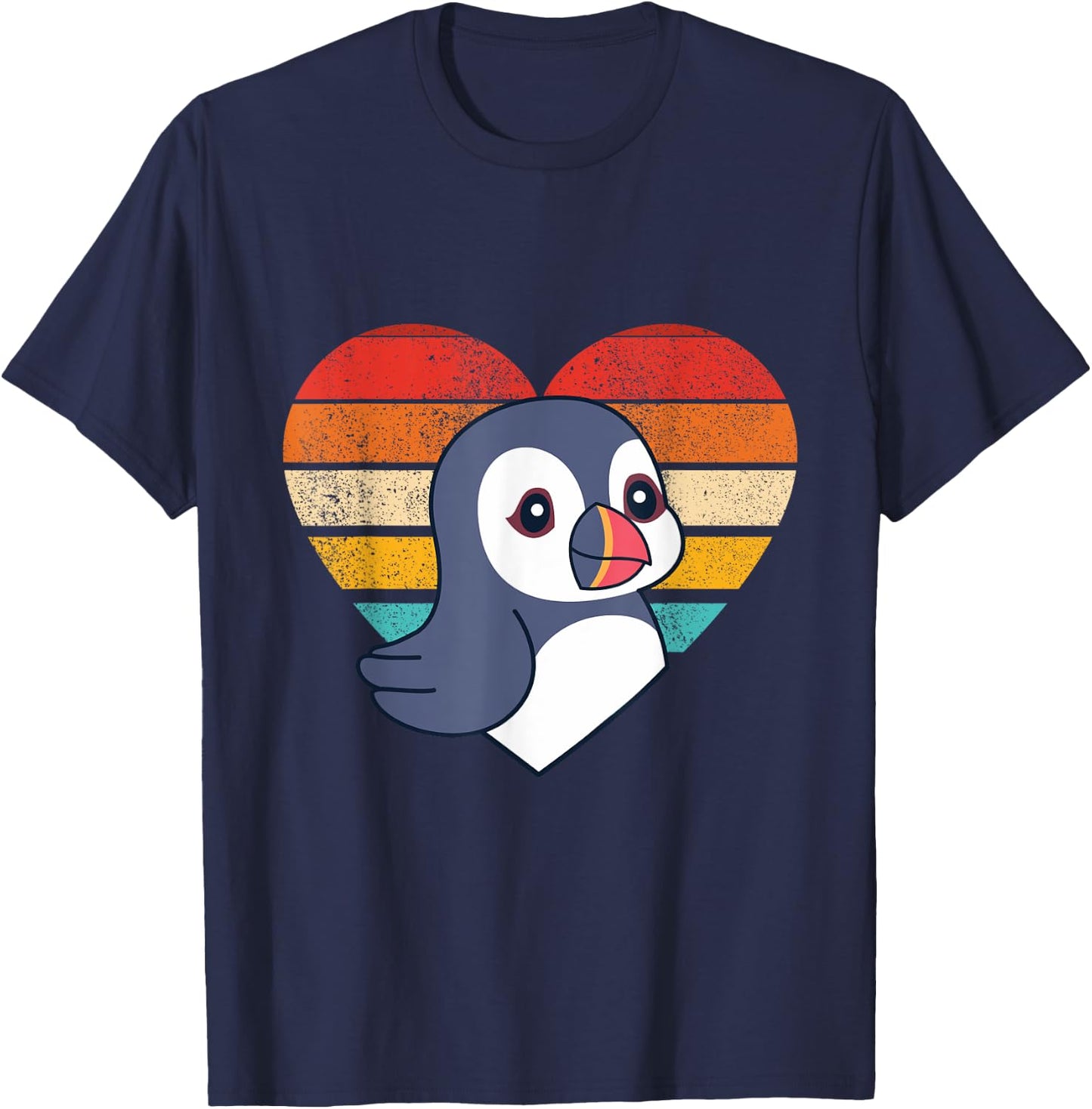 Cute Puffin Design Retro Heart Shape Vintage T-Shirt - T-Shirt | Navy