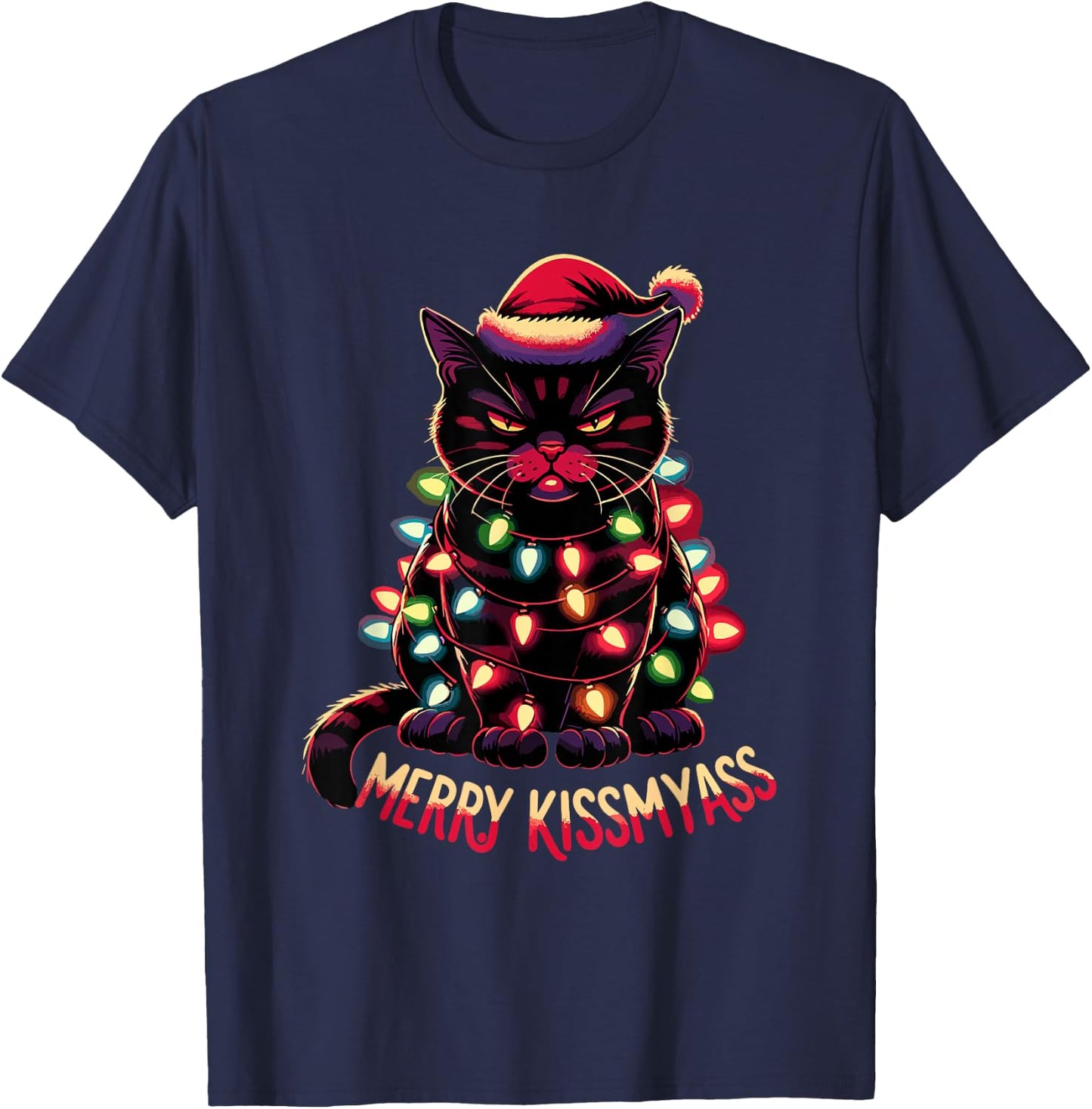 Merry Kissmyass Funny Black Cat Christmas Lights Santa Hat T-Shirt - T-Shirt | Navy