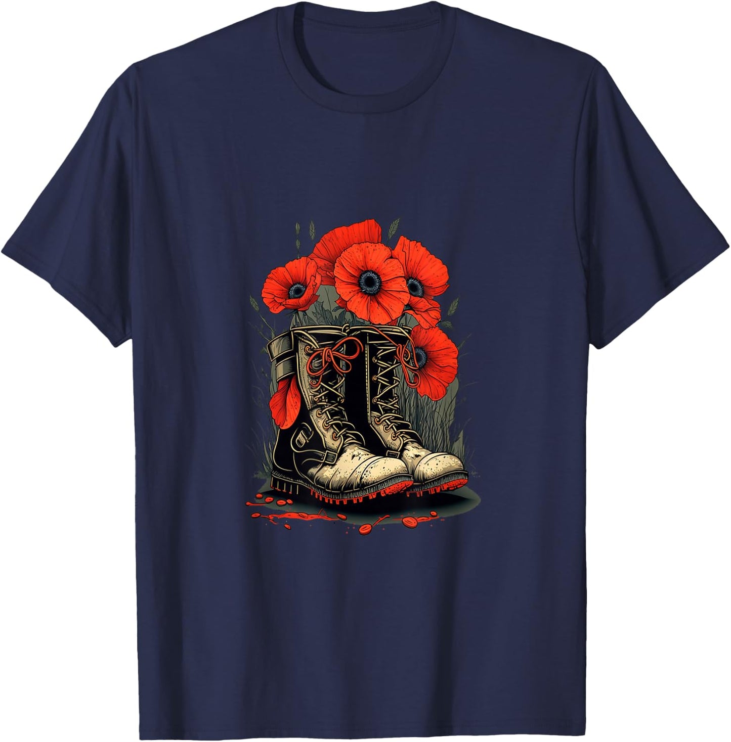 Memorial Day Red Poppy Flower Military Boots 4th of July T-Shirt - T-Shirt | Navy