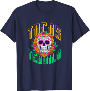Tacos Tequila Sugar Skull Dia de Los Muertos Mexican T-Shirt - T-Shirt | Navy