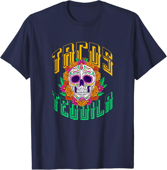 Tacos Tequila Sugar Skull Dia de Los Muertos Mexican T-Shirt - T-Shirt | Navy