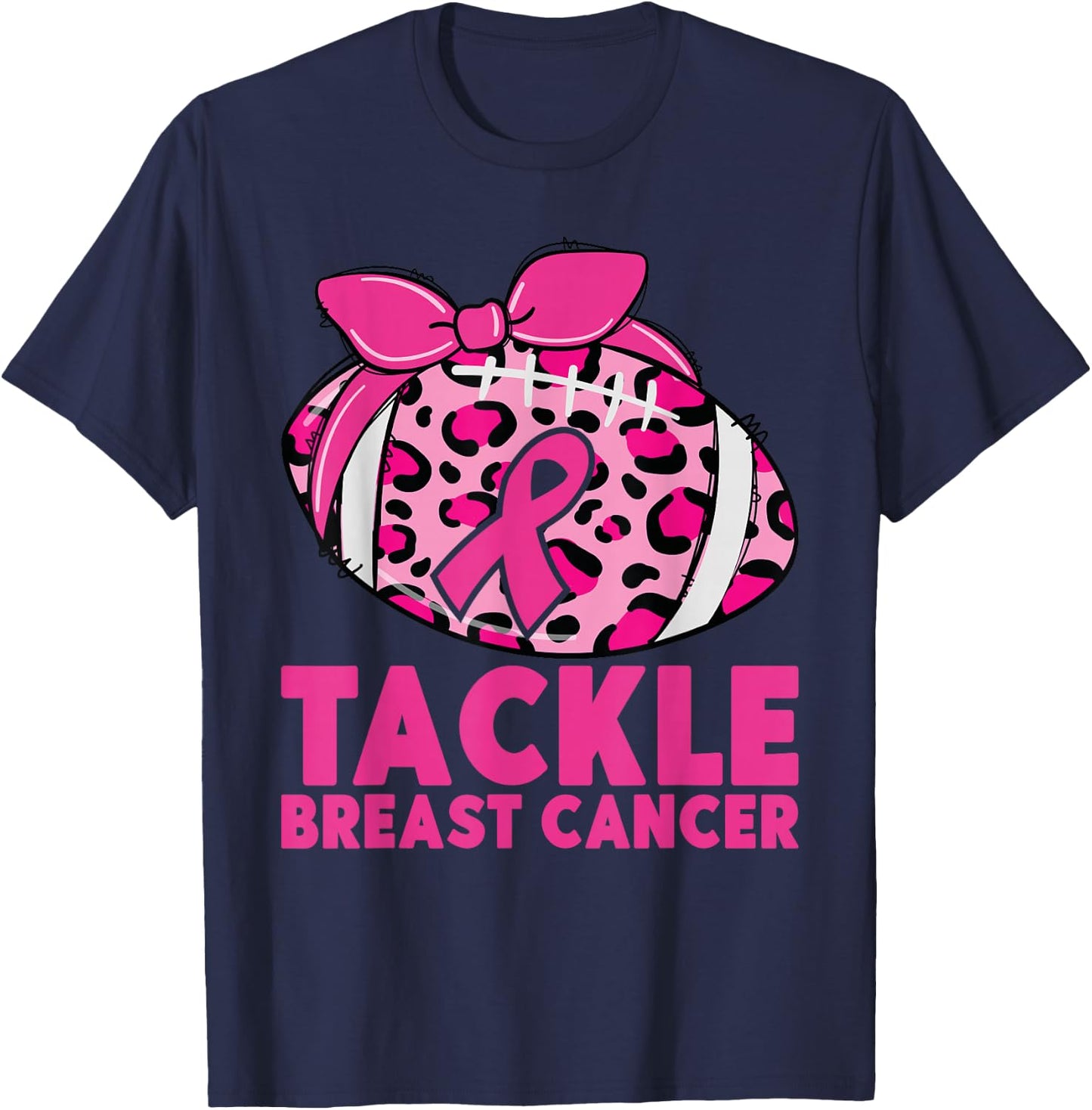 Tackle Breast Cancer Awareness Pink Ribbon Leopard Football T-Shirt - T-Shirt | Navy