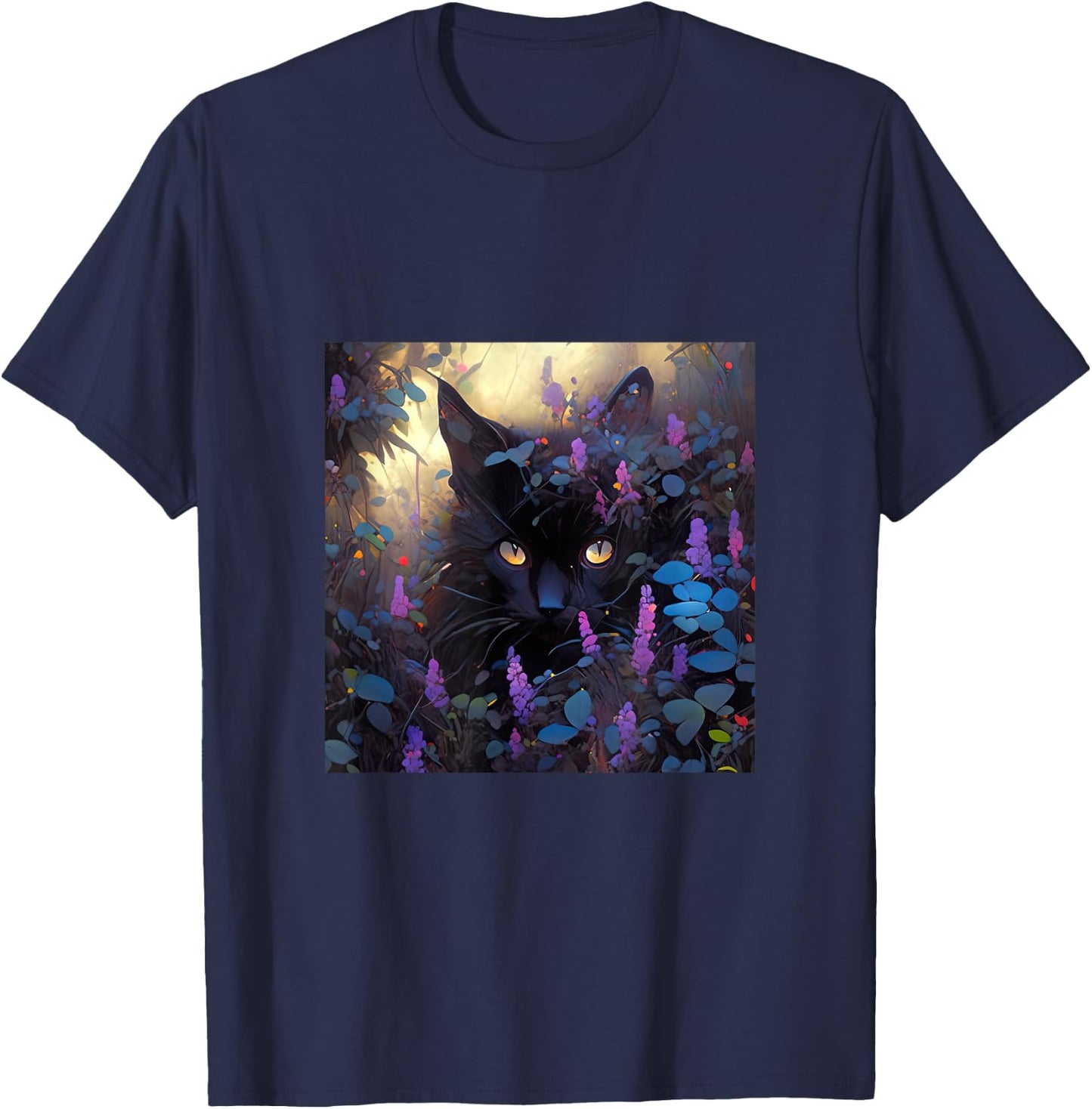 Black Adorable Cat Purple Spring Flowers Women T-Shirt - T-Shirt | Navy