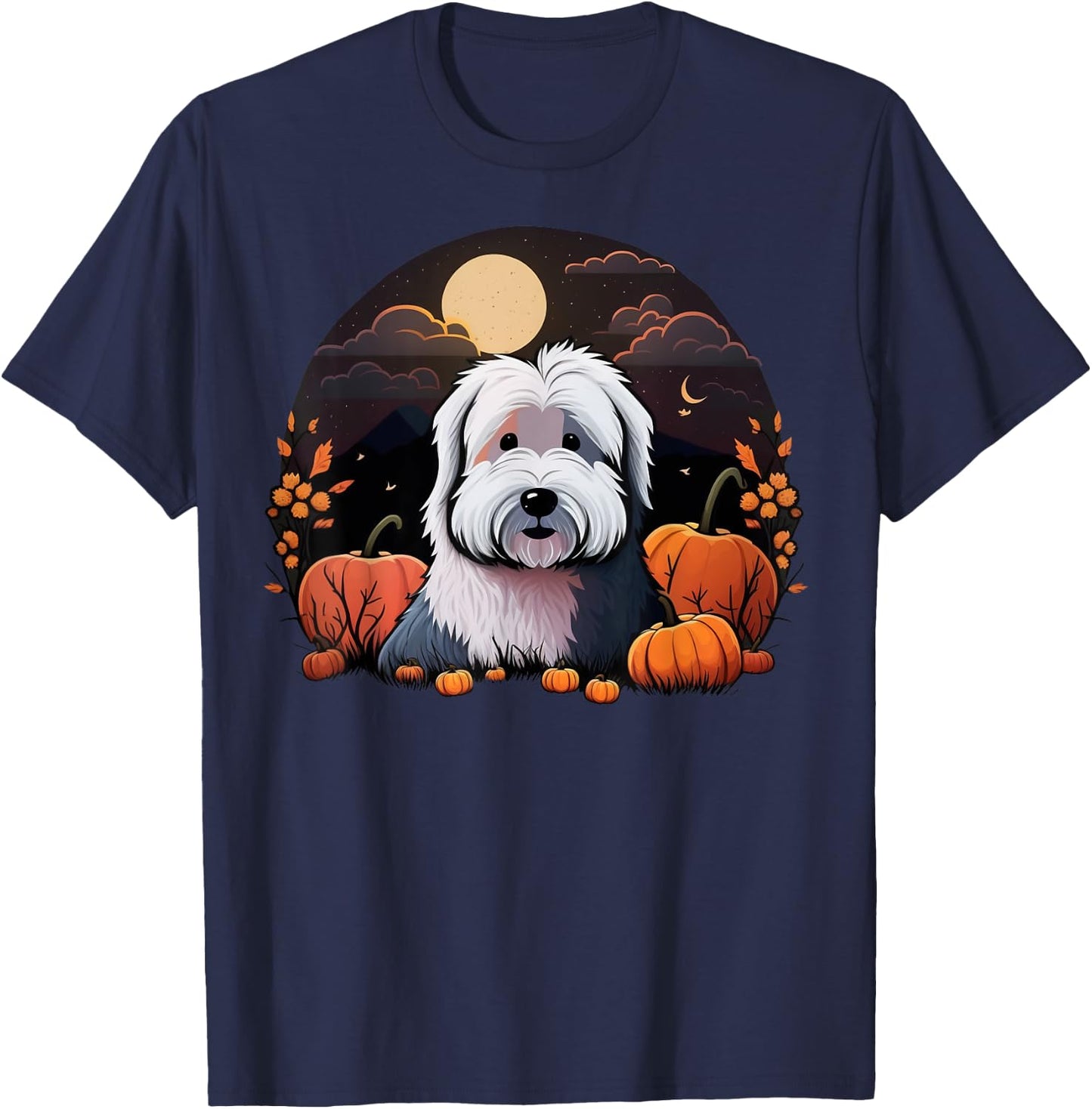 Pumpkin Bobtail costume on Old English Sheepdog Halloween T-Shirt - T-Shirt | Navy
