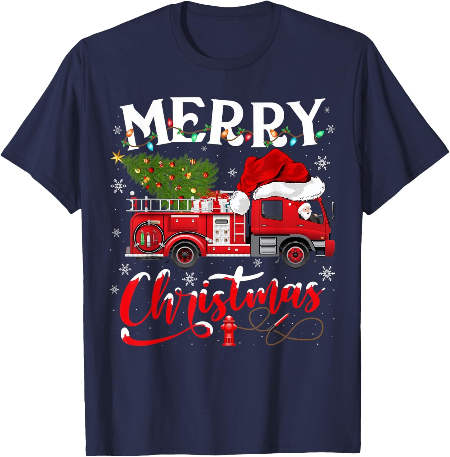 Fire Truck Xmas Tree Fireman Firefighter Merry Christmas T-Shirt - T-Shirt | Navy