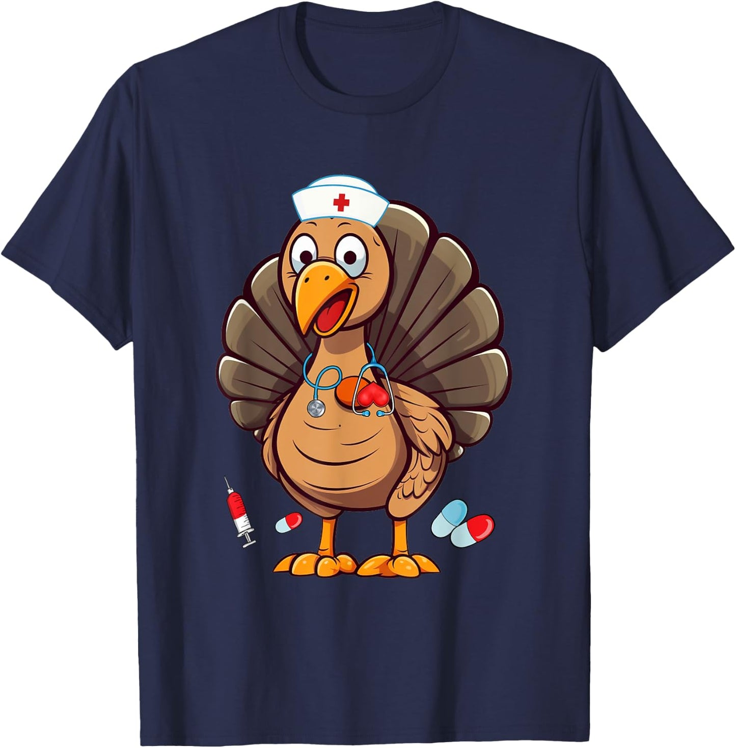 Turkey Nurse Stethoscope Thanksgiving Fall Scrub Top Women T-Shirt - T-Shirt | Navy