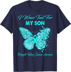Butterfly I Wear Teal For My Son Polycystic Kidney Disease T-Shirt - T-Shirt | Navy