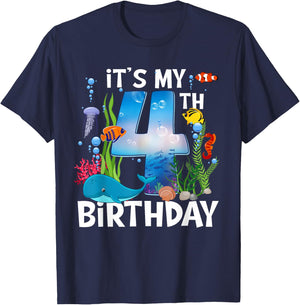 Kids 4 Year Old Ocean Life Whale Dolphin Shark 4th Birthday T-Shirt - T-Shirt | Navy