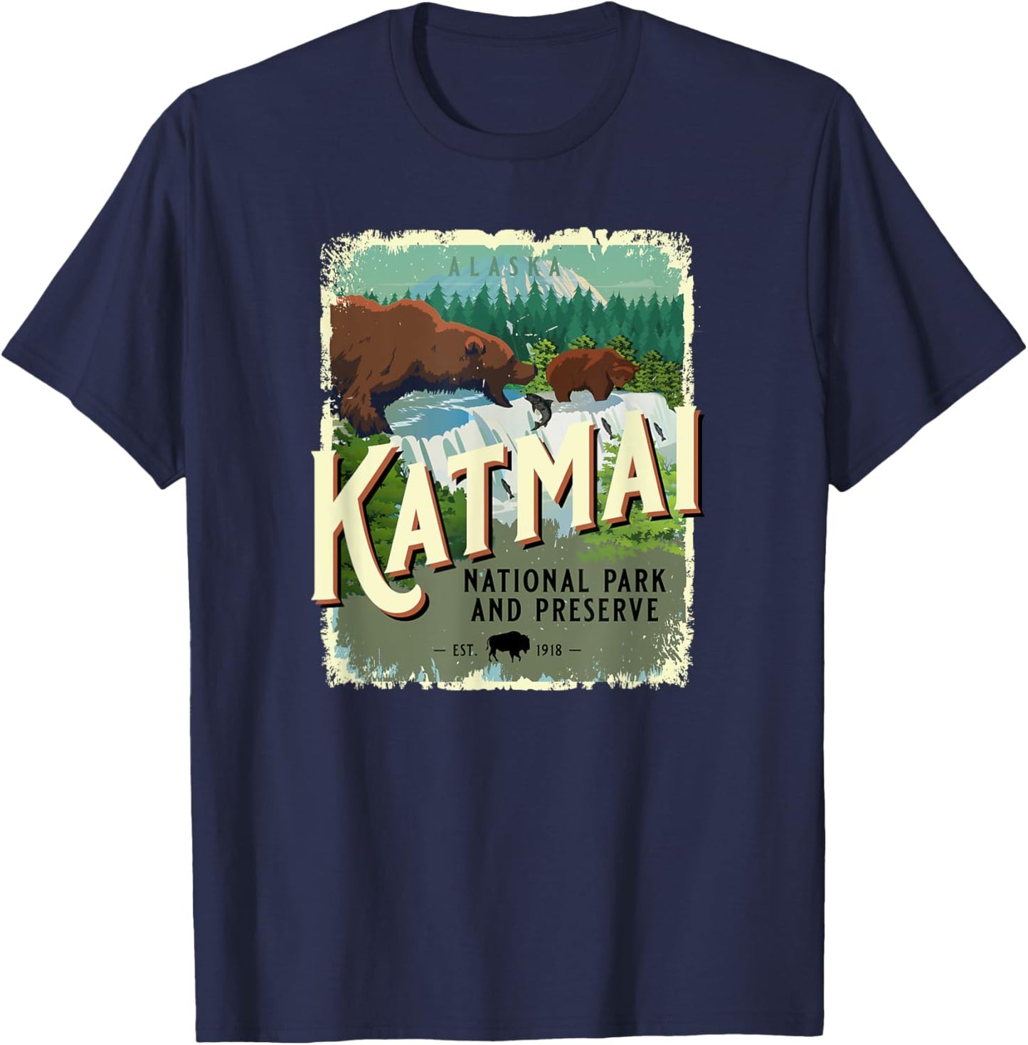 Katmai National Park and Preserve Alaska Brown Bear Souvenir T-Shirt - T-Shirt | Navy