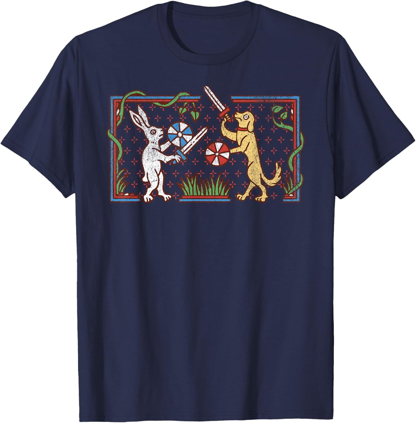 Medieval Rabbit & Dog Sword Fighting Cute Vintage Retro Men Women Girls Kids T-Shirt - T-Shirt | Navy