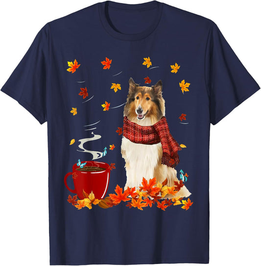 Rough Collie Fall Red Scarf Autumn Leaf For Dog Lover T-Shirt - T-Shirt | Navy