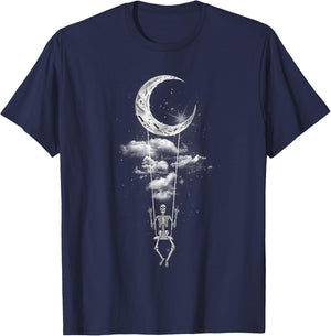 Skeleton Hand Rock On Moon Swing Funny Halloween T-Shirt - T-Shirt | Navy