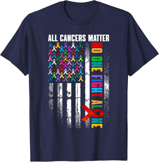 No One Fight Alone American Flag World Cancer Day Men Women T-Shirt - T-Shirt | Navy
