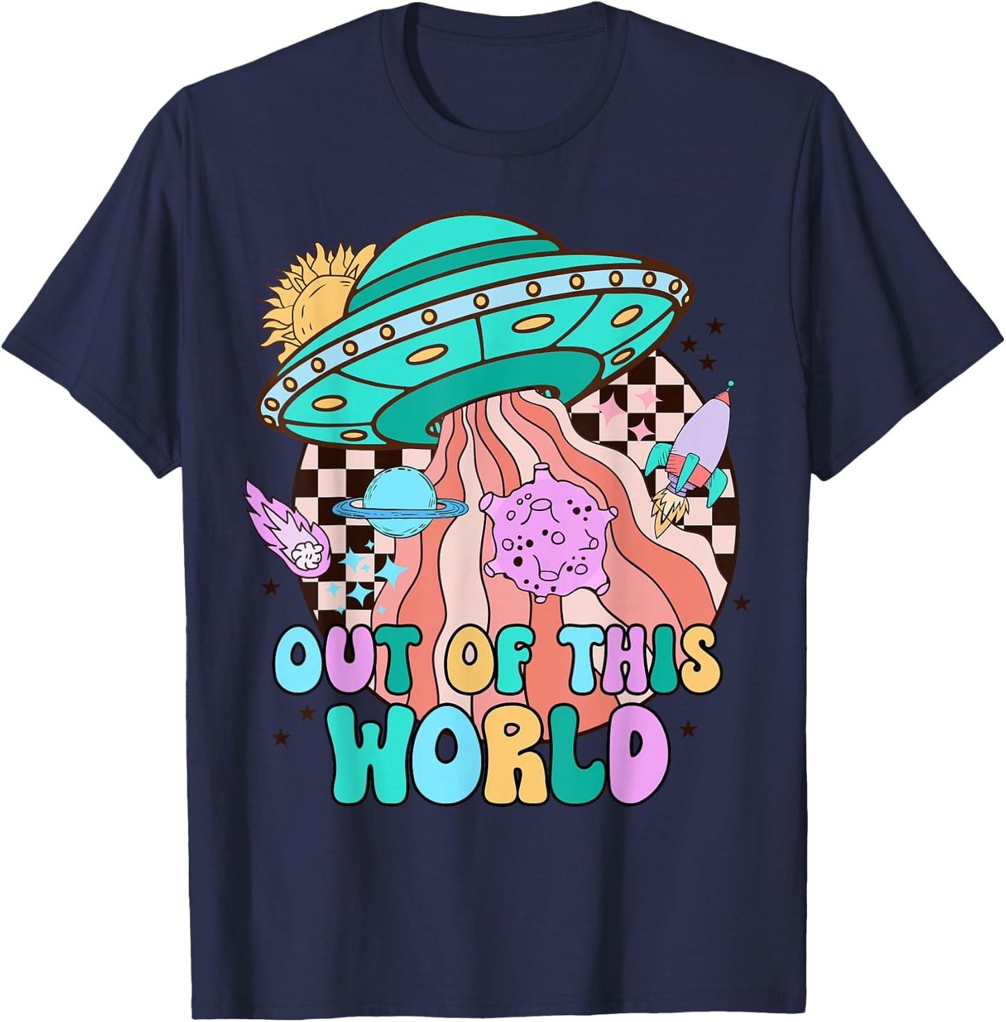Out of This World Outer Space Rocket Retro Planet Galaxy T-Shirt - T-Shirt | Navy