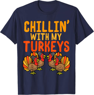 Chillin With My Turkeys Thanksgiving Family Boys Kids Gift T-Shirt - T-Shirt | Navy