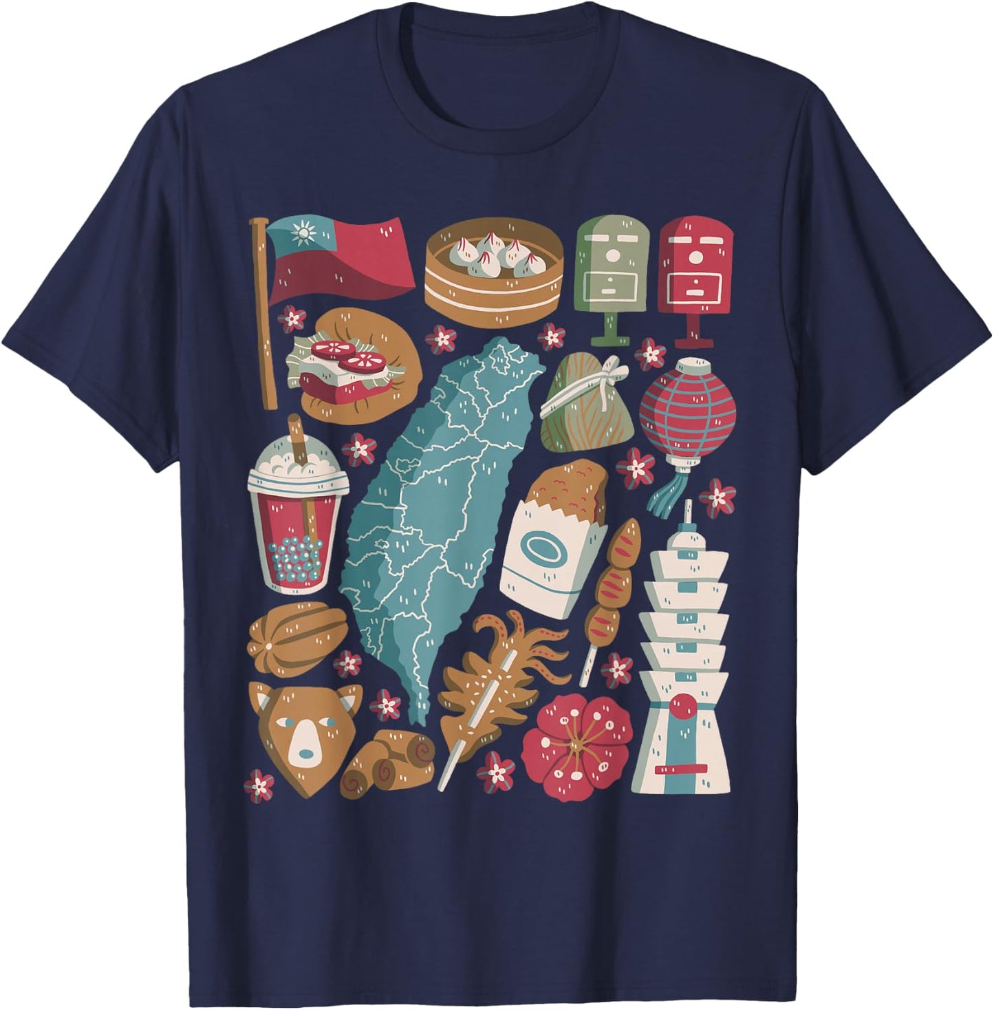 Taiwan Doodles Taipei Asia Bubble Tea Gua Bao T-Shirt - T-Shirt | Navy