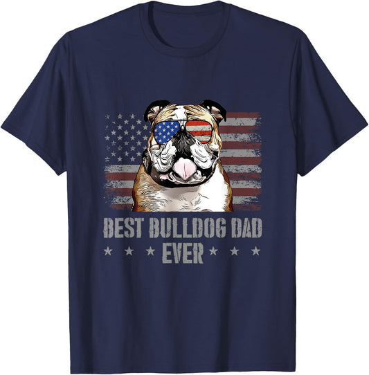 Bulldog Best Dog Dad Ever Retro USA American Flag T-Shirt - T-Shirt | Navy