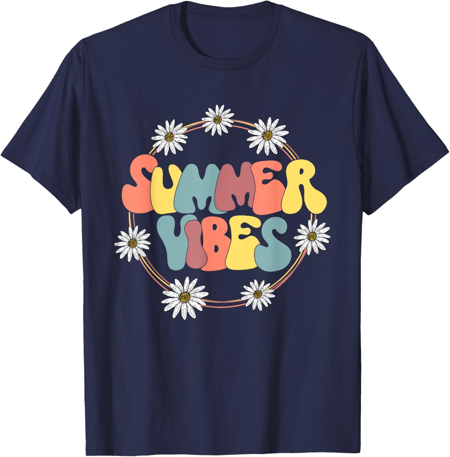 Retro Groovy Summer Vibes Sunflower Hello Summer Vacation T-Shirt - T-Shirt | Navy