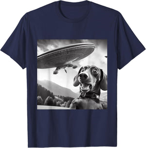 Wiener Dog Selfie With UFOs - Funny Flying Alien Dachshund T-Shirt - T-Shirt | Navy