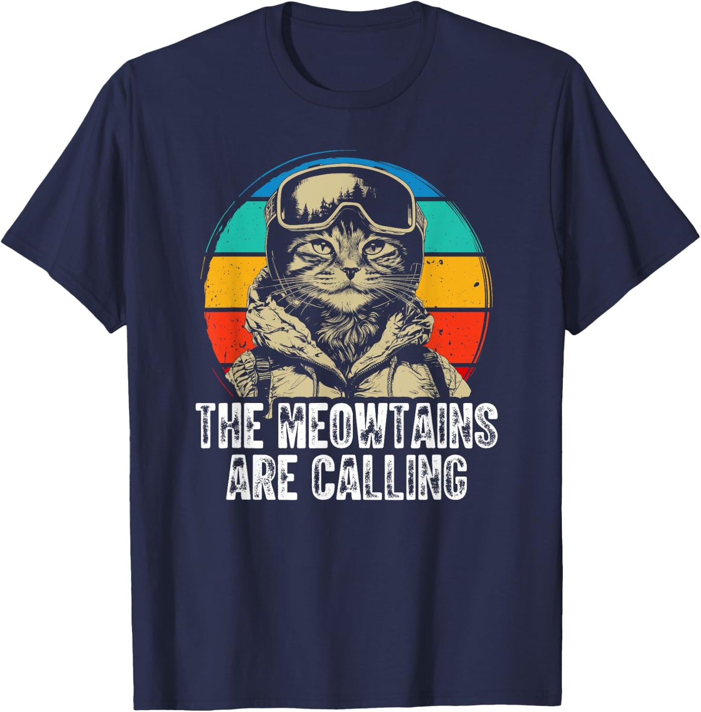 Funny Skiing Cat Gift Snowboarder Accessories The Meowtains Are Calling Cat Goggle Design -Adults Kids Black Short Sleeve S T-Shirt - T-Shirt | Navy