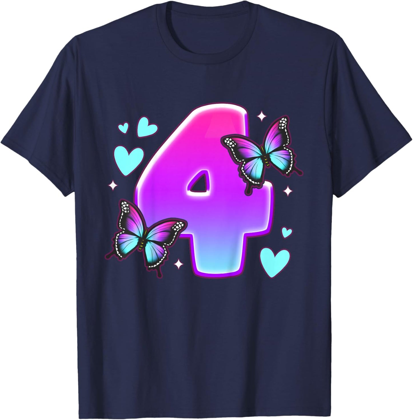 Birthday Girl 4 years, Butterflies and Number 4 T-Shirt - T-Shirt | Navy