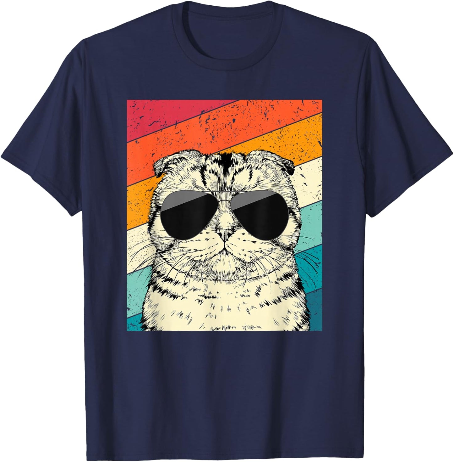 Retro Vintage Scottish Fold Cat with Sunglasses Cat Lovers T-Shirt - T-Shirt | Navy