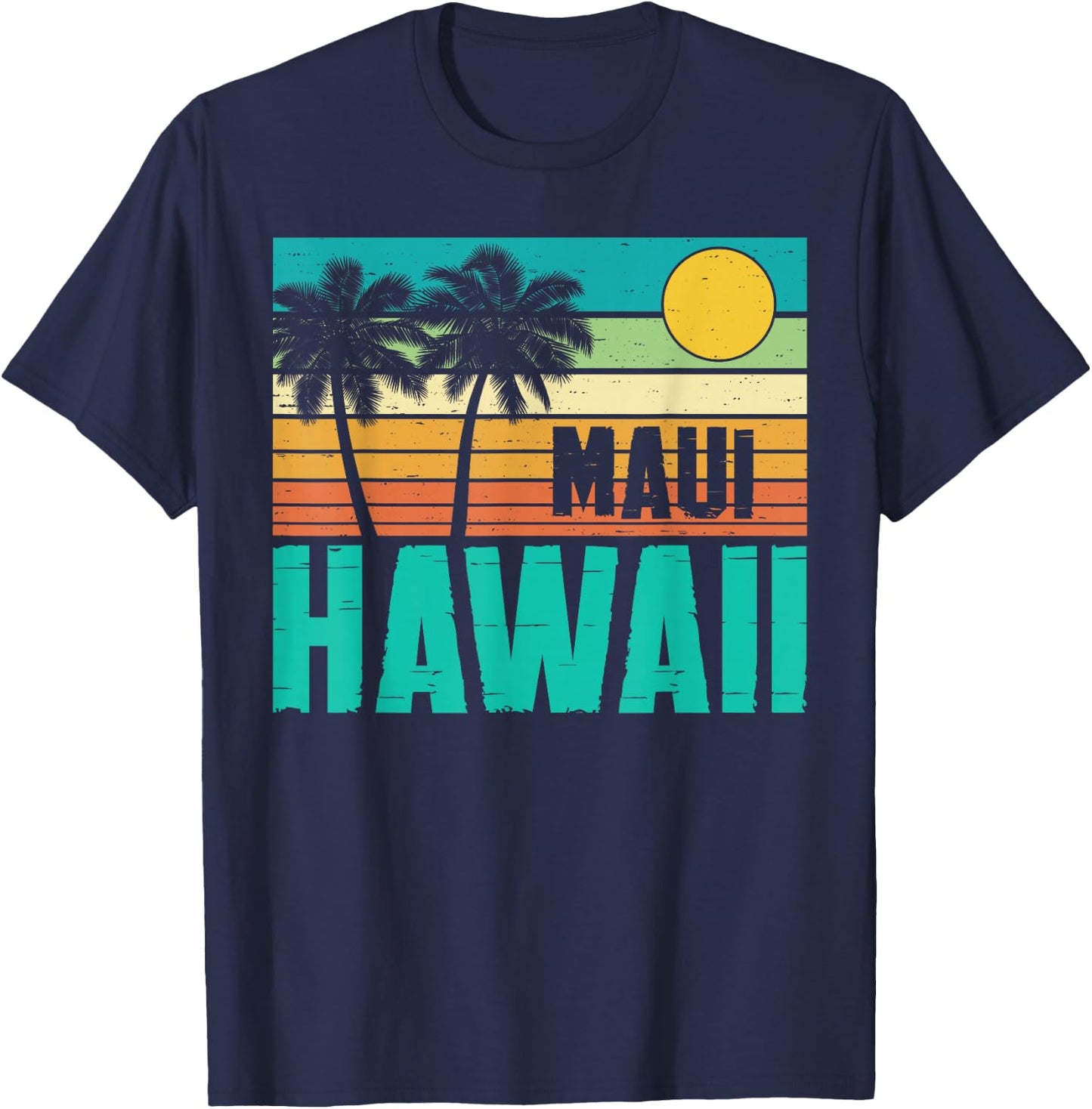 Maui Hawaii Beach Sunset Palm Trees Retro Summer Vacation T-Shirt - T-Shirt | Navy