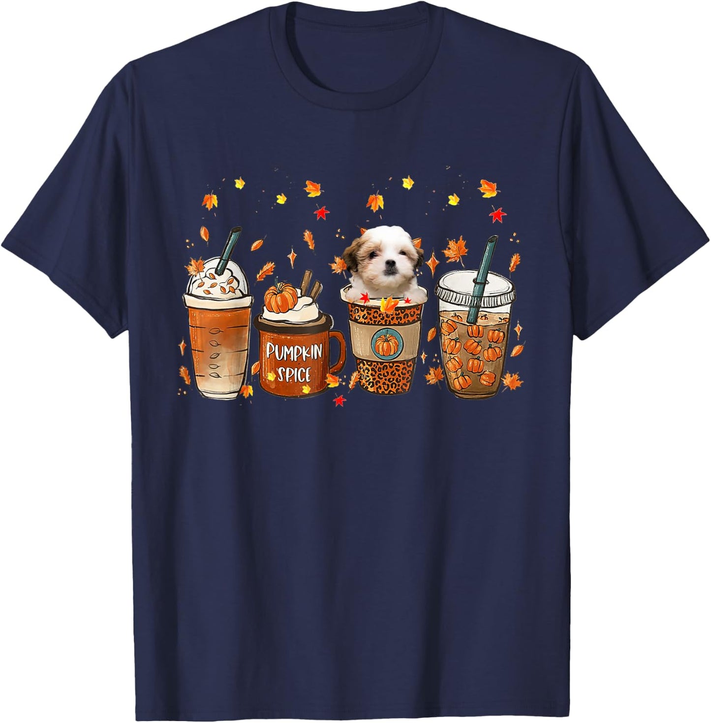 Teddy Bear Dog Fall Coffee Pumpkin Spice Latte Iced Autumn T-Shirt - T-Shirt | Navy