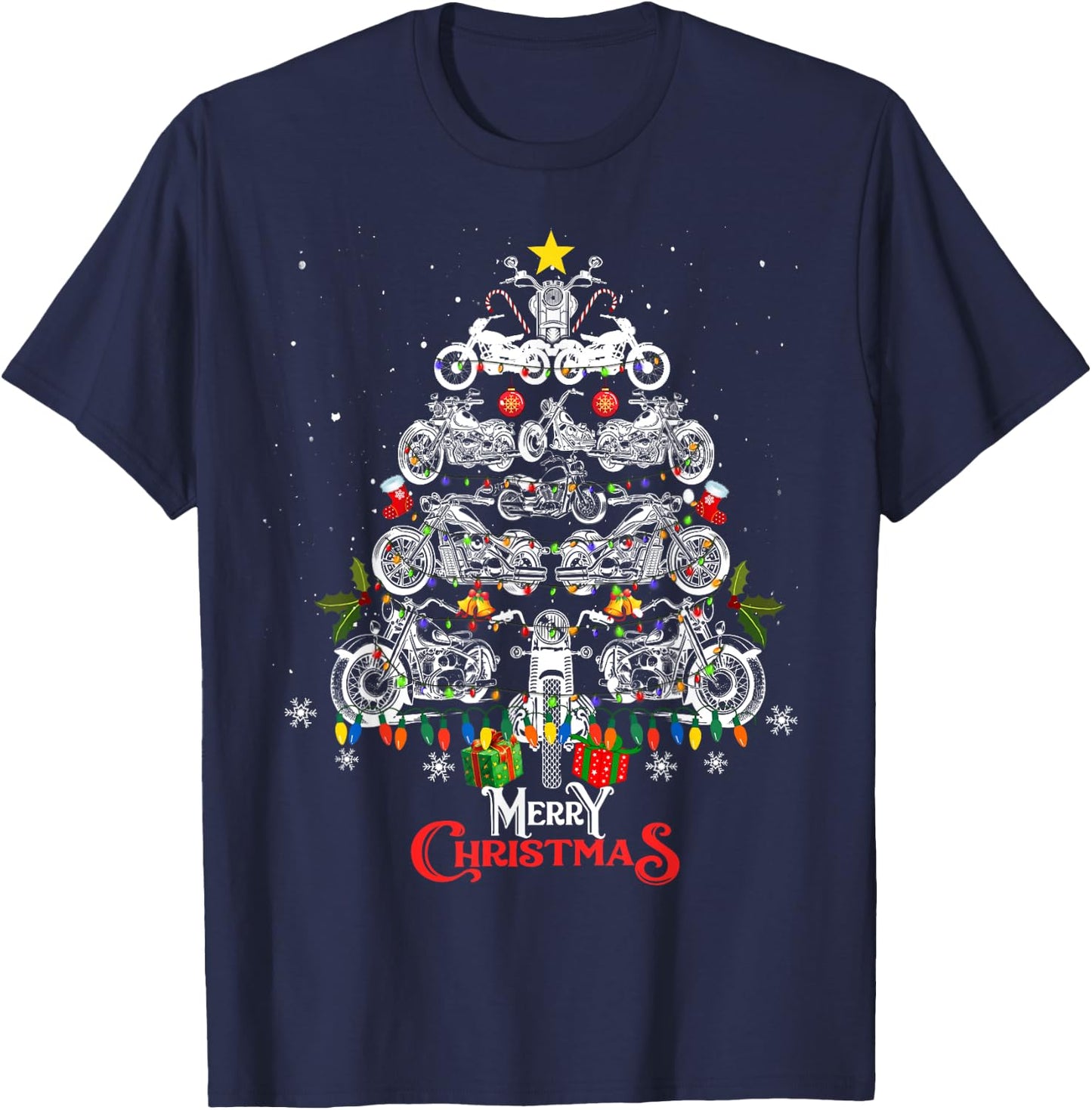 Merry Christmas Motorcycle Tree Christmas Lights Biker Xmas T-Shirt - T-Shirt | Navy