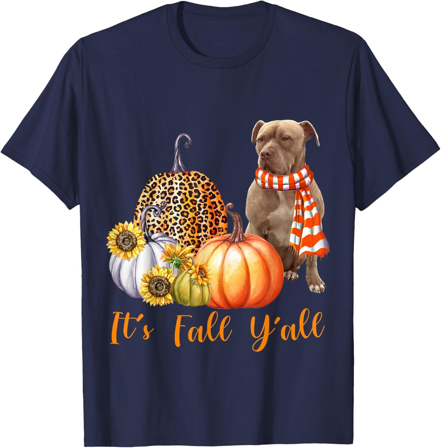 It's Fall Y'all Pitbull Dog Leopard Pumpkin Fall T-Shirt - T-Shirt | Navy