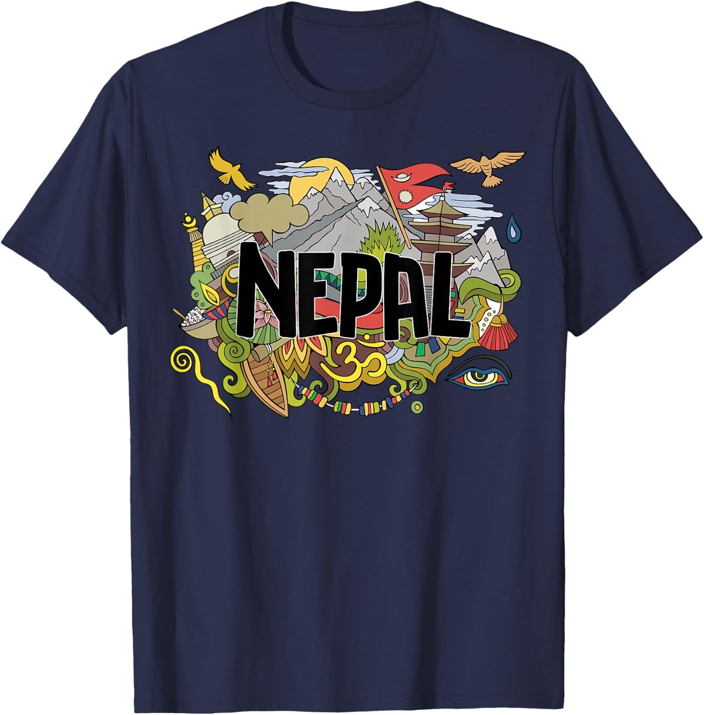 Nepali Flag Collage Everest Temples and Cultures of Nepal T-Shirt - T-Shirt | Navy