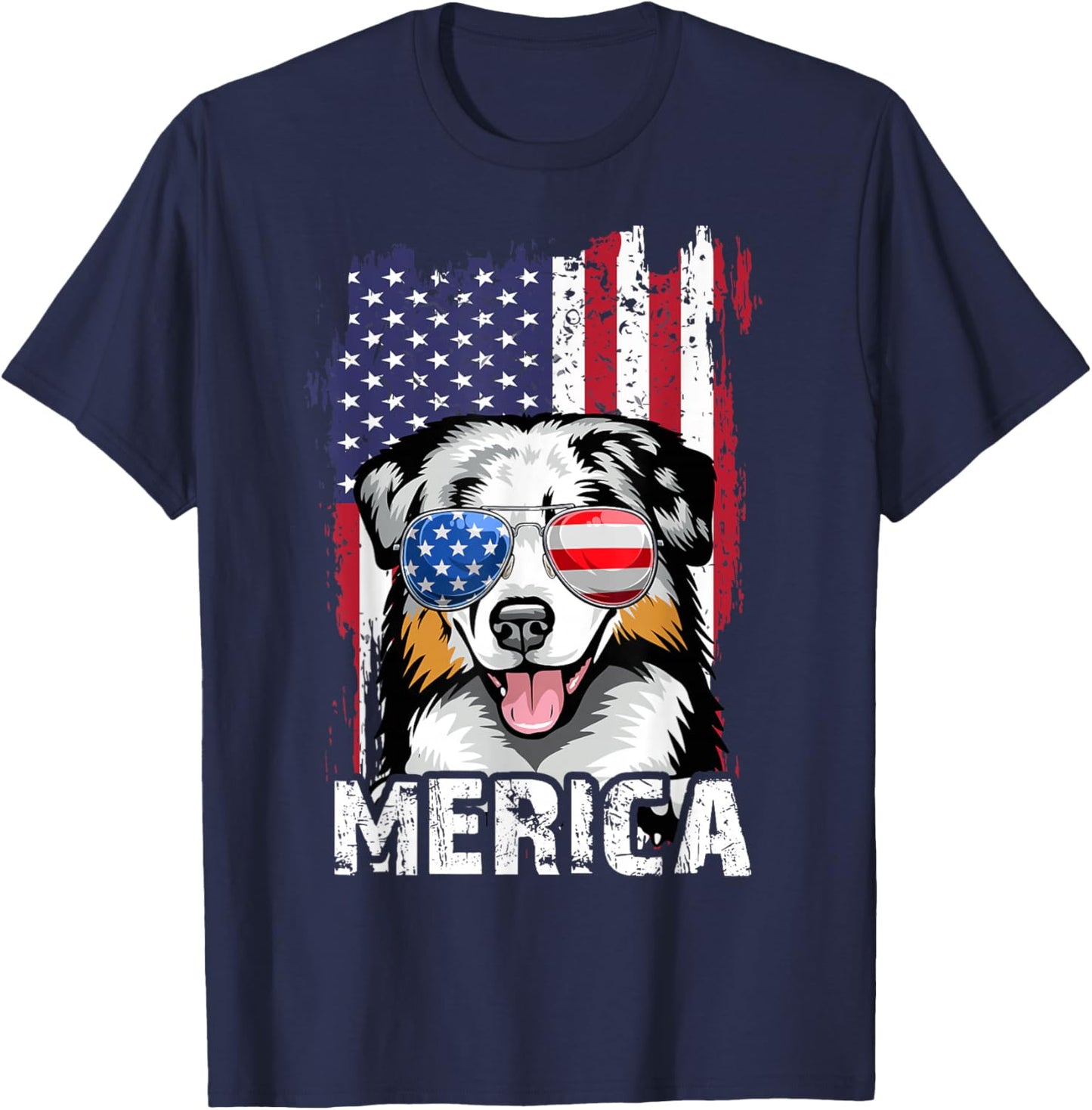 Australian Shepherd 4th of July Merica USA Flag Aussie Dog T-Shirt - T-Shirt | Navy
