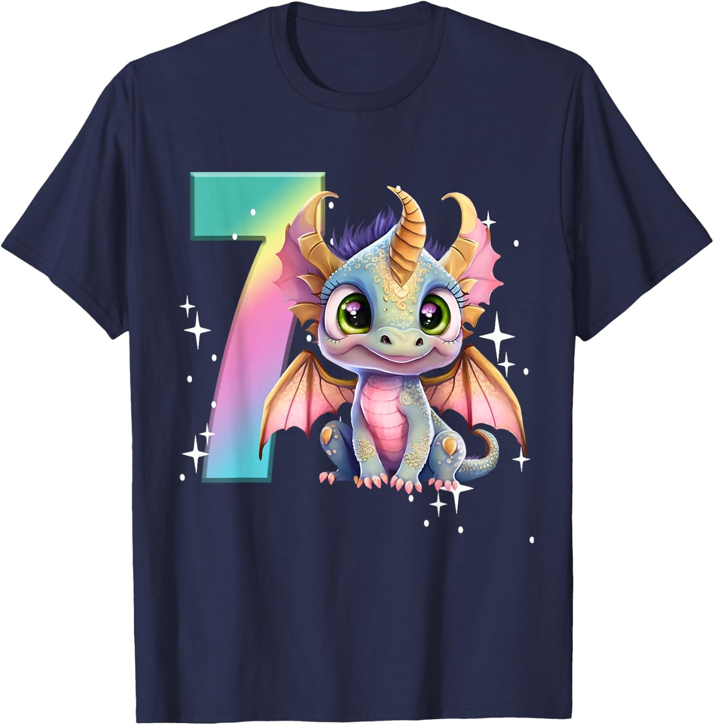 7th Birthday Shirt Dragon Party Rainbow Girl Dragon Seven 7 T-Shirt - T-Shirt | Navy