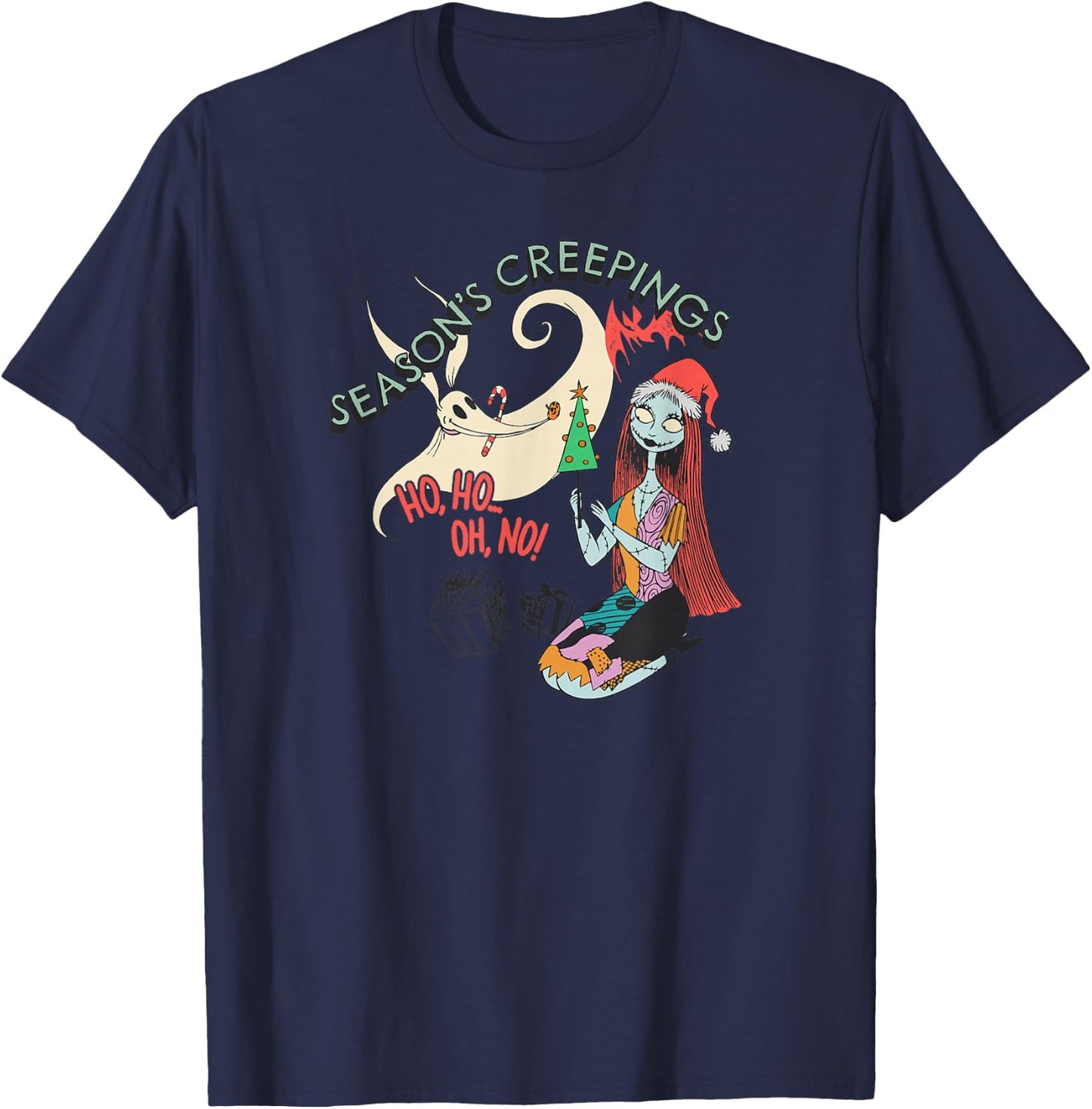 Amazon Essentials Men's Nightmare Before Christmas Sally and Zero Season’s Creepings , Grey Graphic Print, Small T-Shirt - T-Shirt | Navy