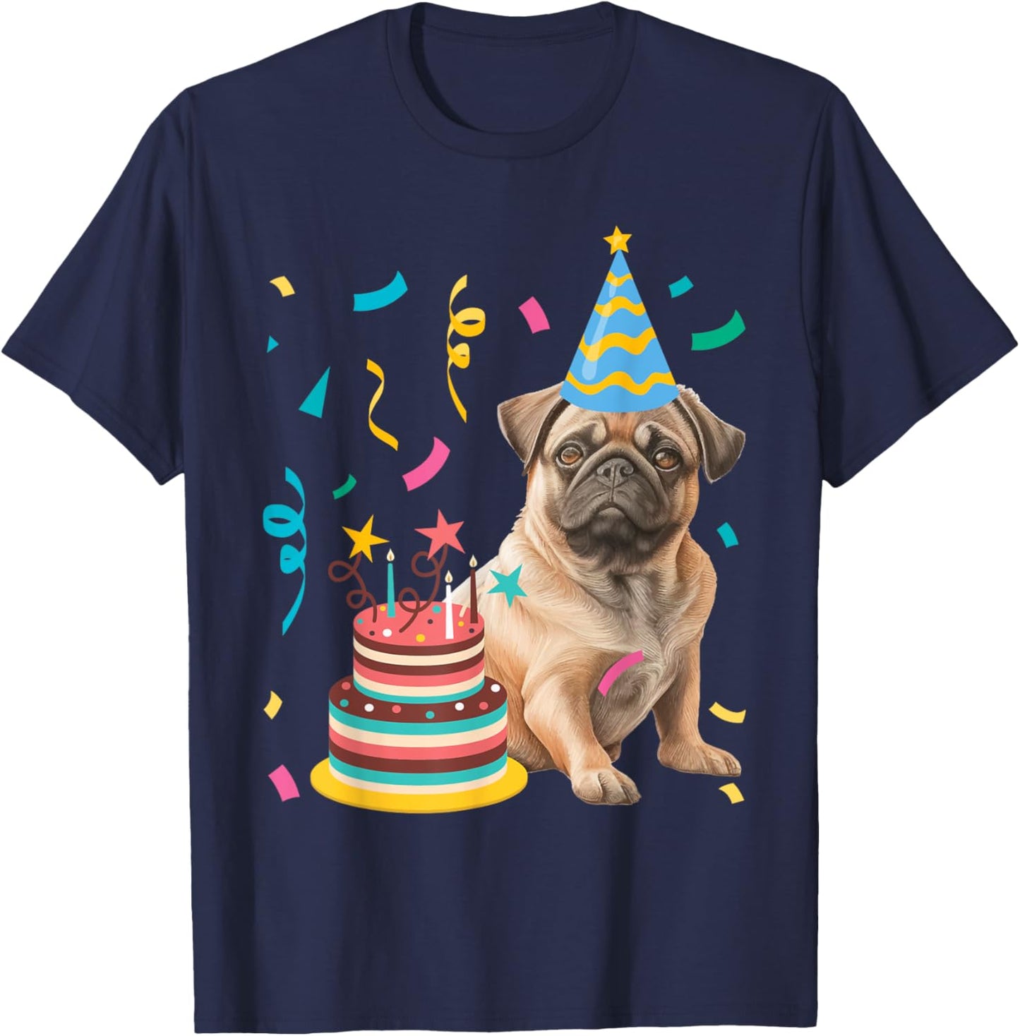 Funny Pug Shirts Pug Birthday Celebration -Adults & Older Children - Dog Lovers (Pug Lovers) Black Small T-Shirt - T-Shirt | Navy