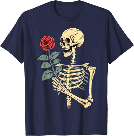 Skeleton Hand Holding a Red Rose T-Shirt - T-Shirt | Navy